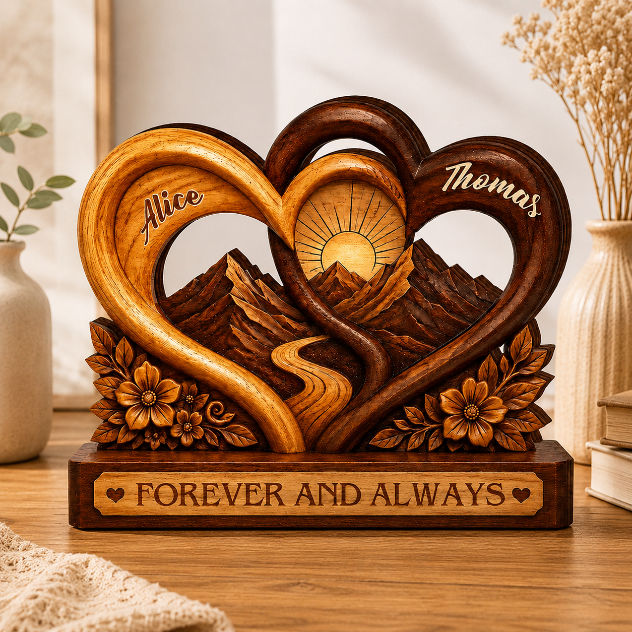Personalized Forever and Always Wooden Plaque, Custom Couple Names, Mountain Heart Anniversary Keepsake Gift
