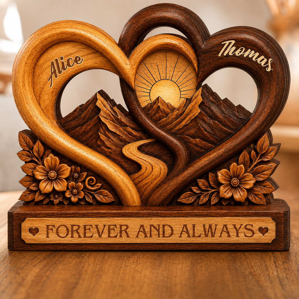 Personalized Forever and Always Wooden Plaque, Custom Couple Names, Mountain Heart Anniversary Keepsake Gift