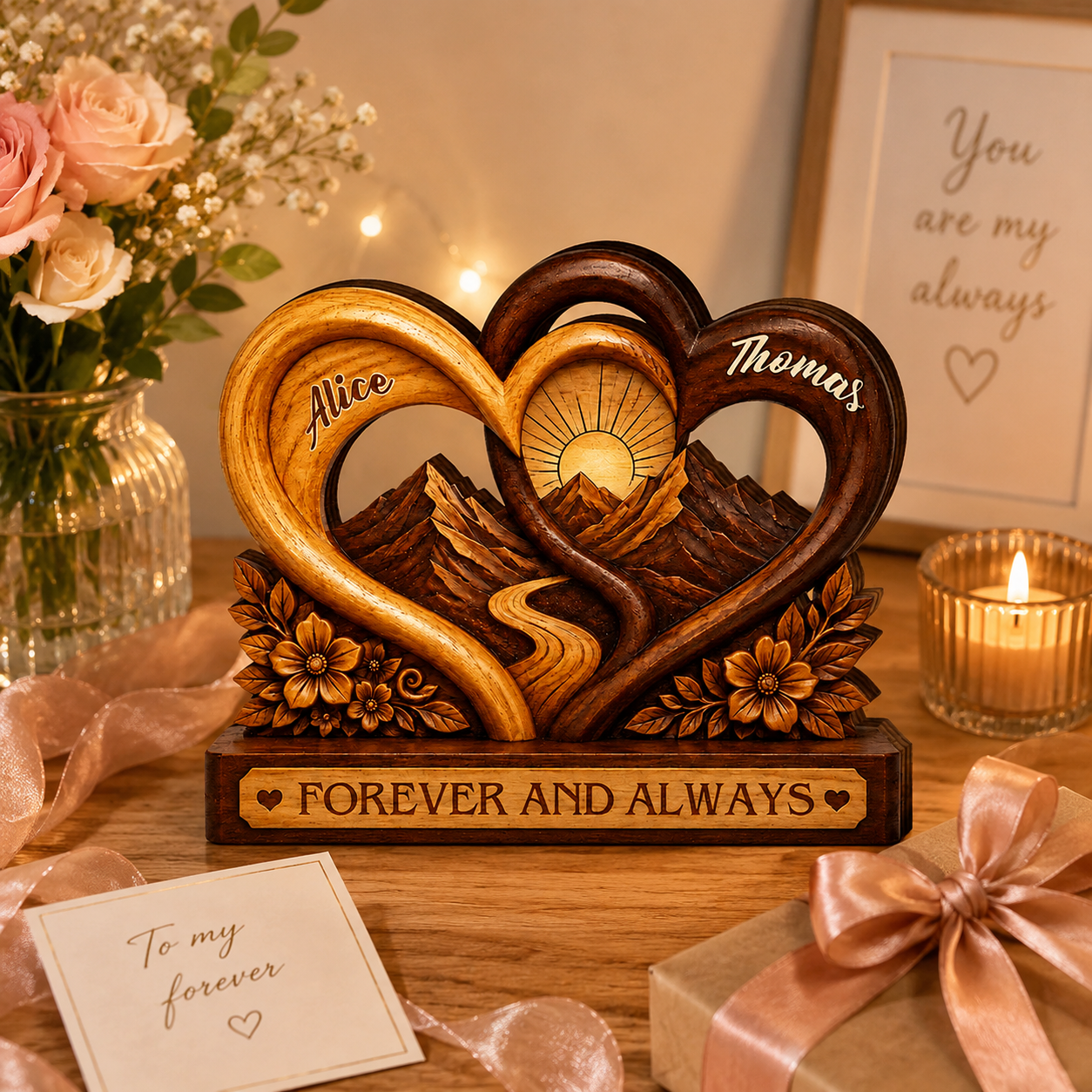 Personalized Forever and Always Wooden Plaque, Custom Couple Names, Mountain Heart Anniversary Keepsake Gift