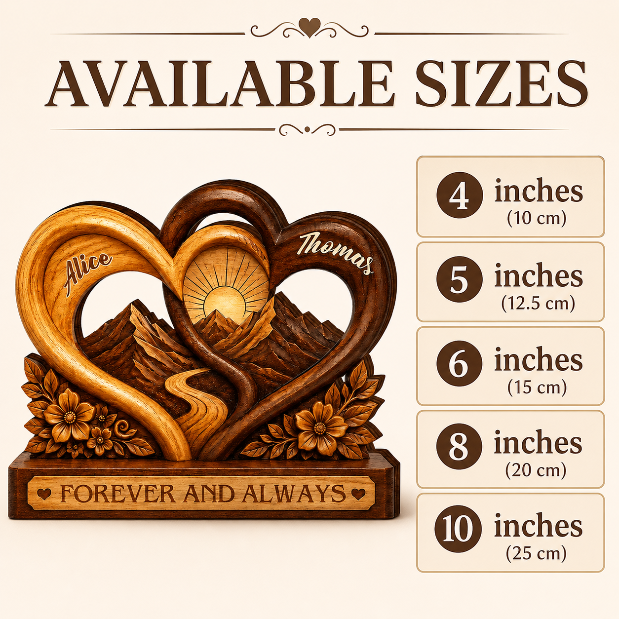 Personalized Forever and Always Wooden Plaque, Custom Couple Names, Mountain Heart Anniversary Keepsake Gift