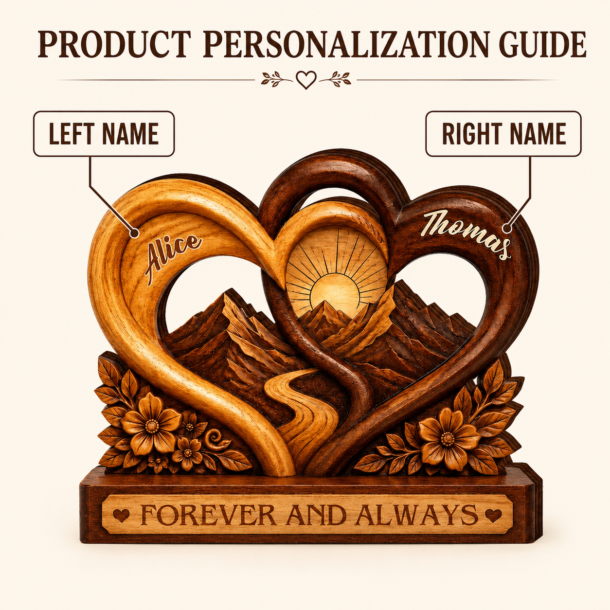 Personalized Forever and Always Wooden Plaque, Custom Couple Names, Mountain Heart Anniversary Keepsake Gift