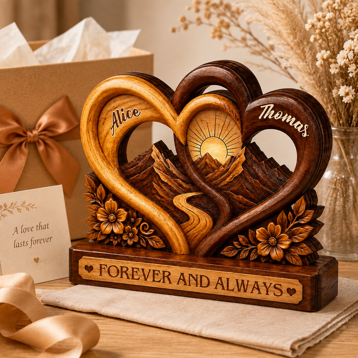 Personalized Forever and Always Wooden Plaque, Custom Couple Names, Mountain Heart Anniversary Keepsake Gift