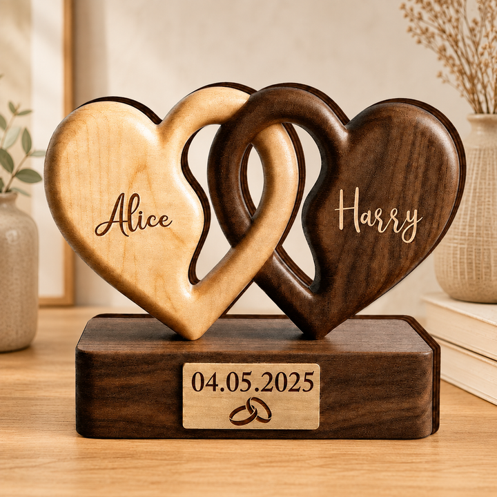 Personalized Interlocking Hearts Wooden Plaque, Custom Couple Names & Date, Wedding Engagement Anniversary Gift