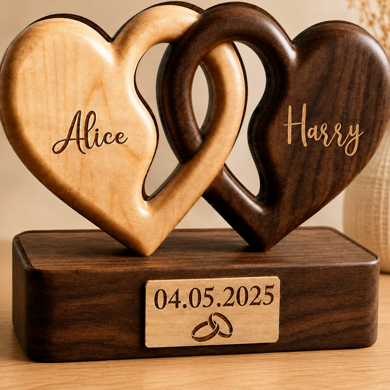 Personalized Interlocking Hearts Wooden Plaque, Custom Couple Names & Date, Wedding Engagement Anniversary Gift