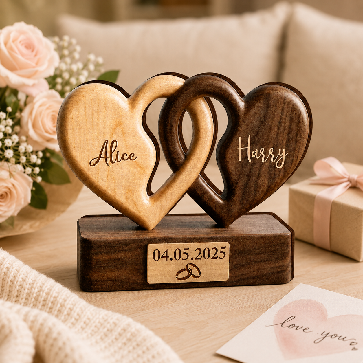 Personalized Interlocking Hearts Wooden Plaque, Custom Couple Names & Date, Wedding Engagement Anniversary Gift