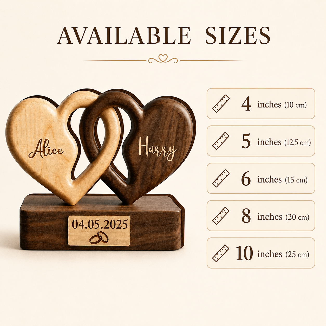 Personalized Interlocking Hearts Wooden Plaque, Custom Couple Names & Date, Wedding Engagement Anniversary Gift