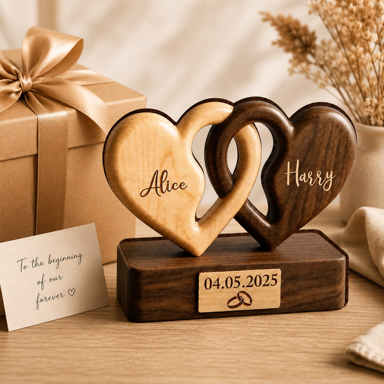 Personalized Interlocking Hearts Wooden Plaque, Custom Couple Names & Date, Wedding Engagement Anniversary Gift