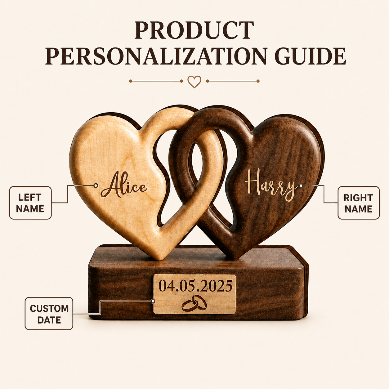 Personalized Interlocking Hearts Wooden Plaque, Custom Couple Names & Date, Wedding Engagement Anniversary Gift