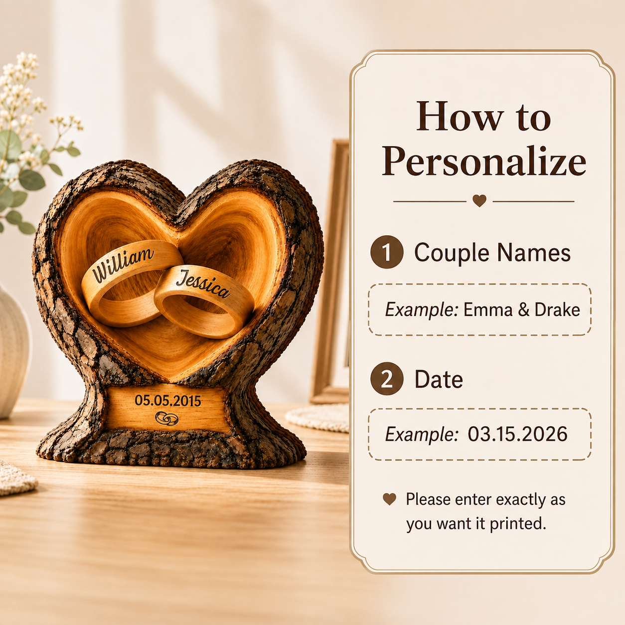 Personalized Ring Holder Heart Shaped Wooden Plaque, Gift For Couple