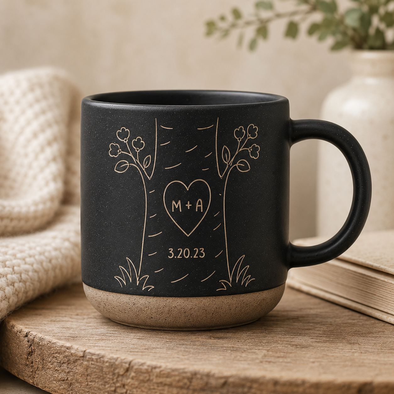 Personalized Couple Pottery Mug, Printed or Engraved Heart Tree Mug, Custom Initials & Date, Anniversary Gift, Wedding Gift, Newlywed Keepsake