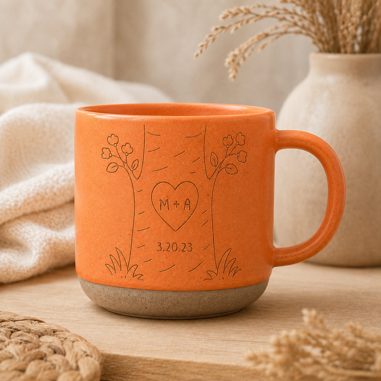 Personalized Couple Pottery Mug, Printed or Engraved Heart Tree Mug, Custom Initials & Date, Anniversary Gift, Wedding Gift, Newlywed Keepsake