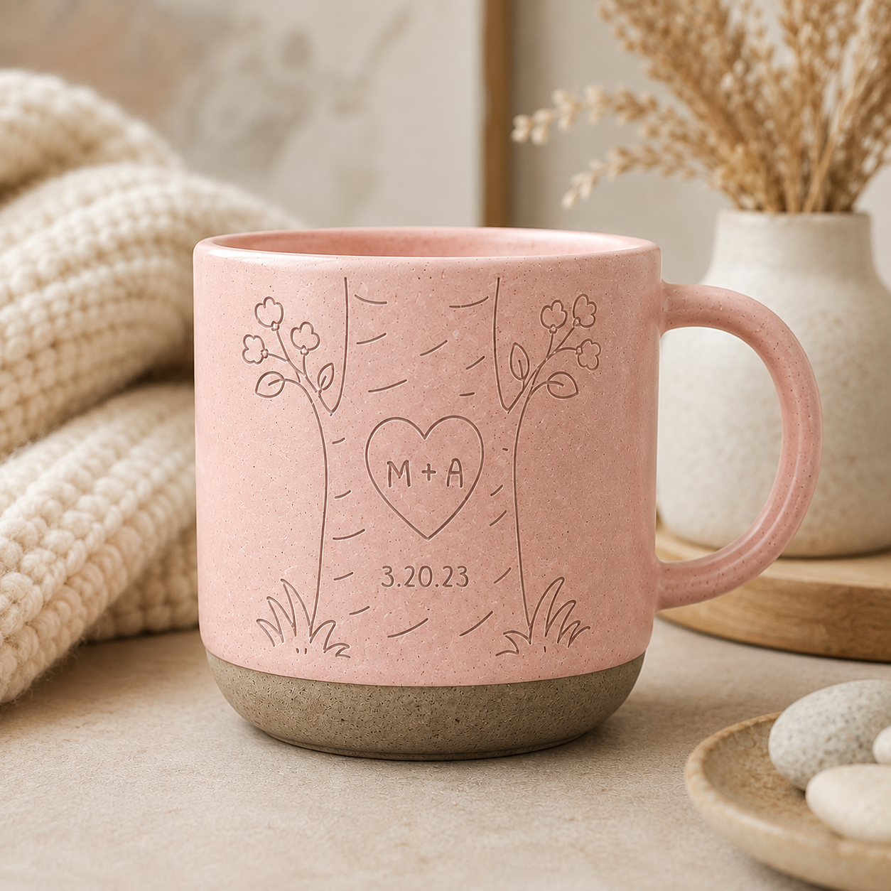 Personalized Couple Pottery Mug, Printed or Engraved Heart Tree Mug, Custom Initials & Date, Anniversary Gift, Wedding Gift, Newlywed Keepsake