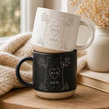 Personalized Couple Pottery Mug, Printed or Engraved Heart Tree Mug, Custom Initials & Date, Anniversary Gift, Wedding Gift, Newlywed Keepsake