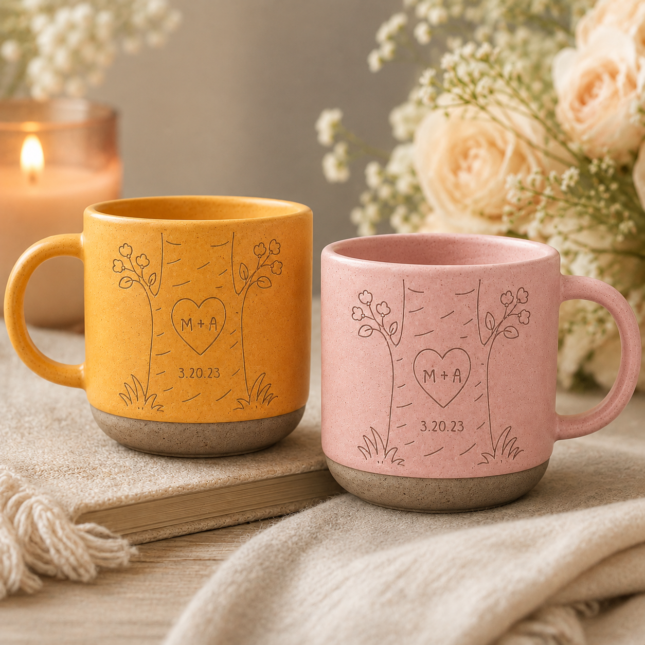 Personalized Couple Pottery Mug, Printed or Engraved Heart Tree Mug, Custom Initials & Date, Anniversary Gift, Wedding Gift, Newlywed Keepsake