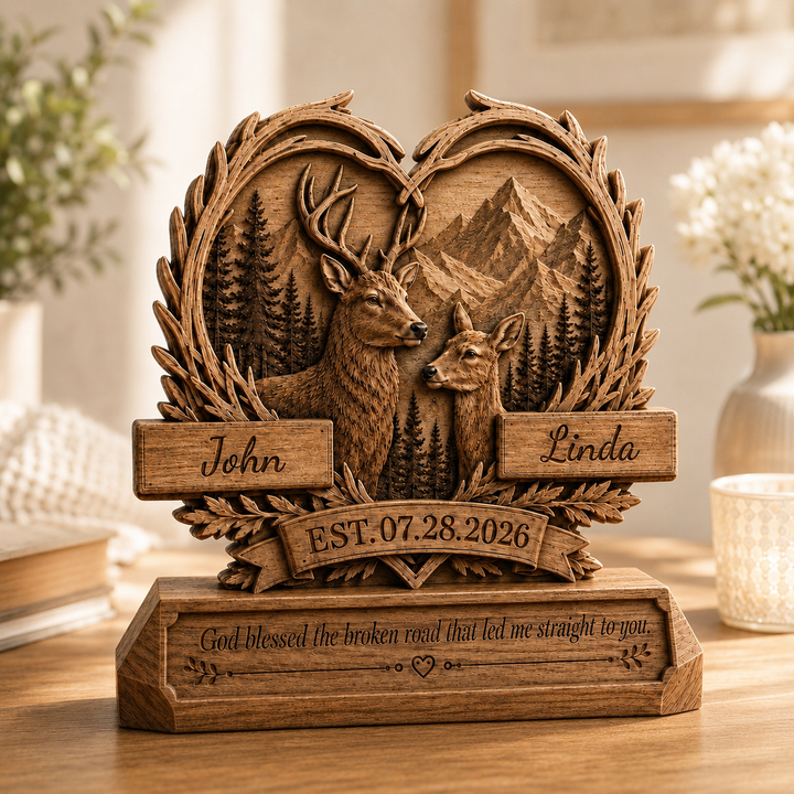 God Bless The Broken Road Wood Decor, Personalized Deer Couple Sign, Bride And Groom Gift