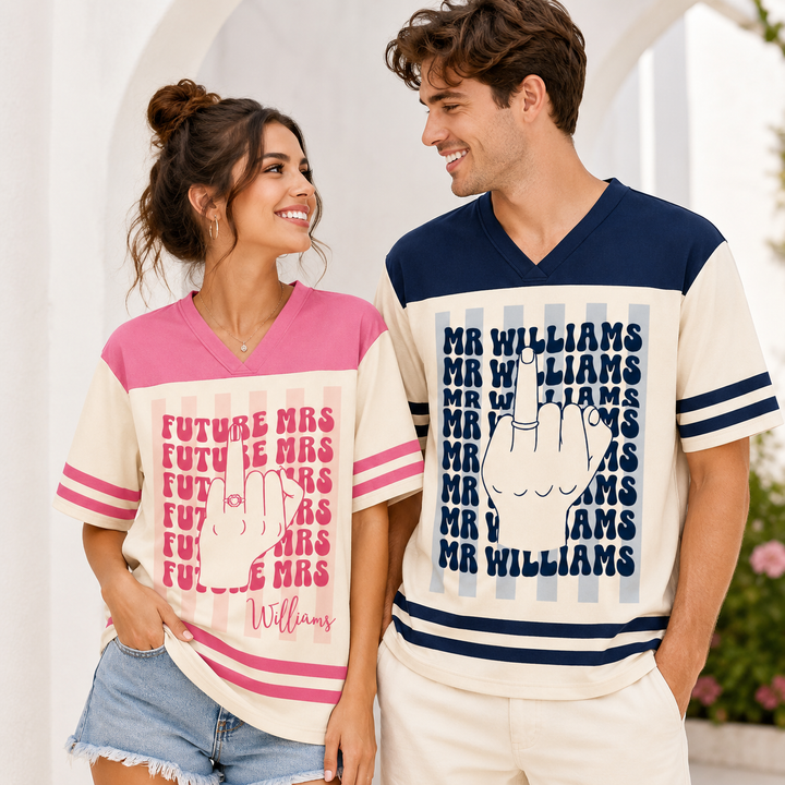 Personalized Future Mr & Mrs Jersey Shirts, Custom Couple Name Matching Tees, Engagement Party Outfit, Bridal Shower Gift, Newly Engaged Couple Shirt