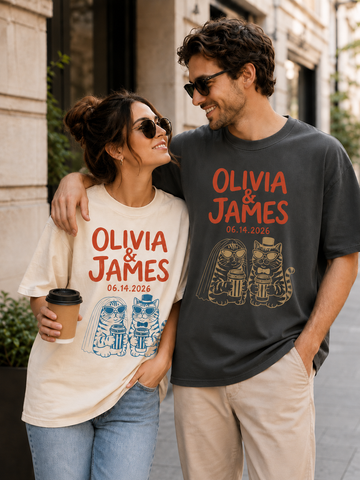 Personalized Cat Couple Comfort T-Shirt, Custom Names & Date Shirt, Gift for Cat Loving Couples, Wedding Gift, Newlywed Gift, Anniversary Gift