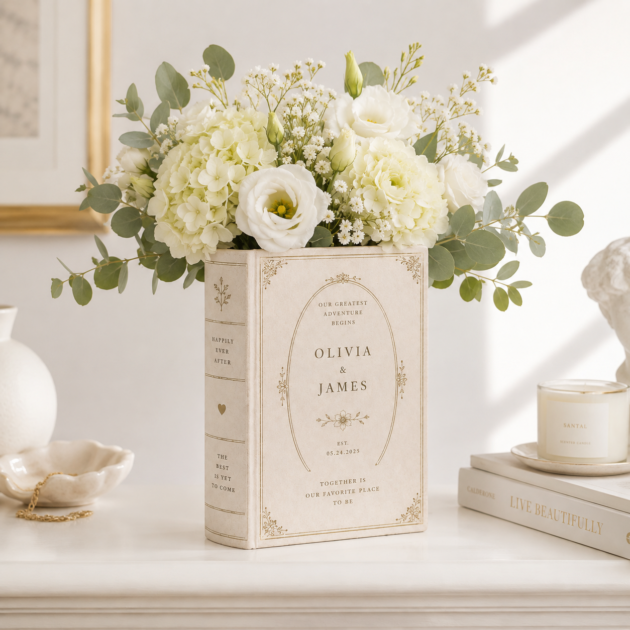 Custom Toile De Jouy Ceramic Book Vase, Personalised Wedding Gift for Couple, Bridal Shower Gift, Engagement, Wedding Gift, Bridesmaid Gifts