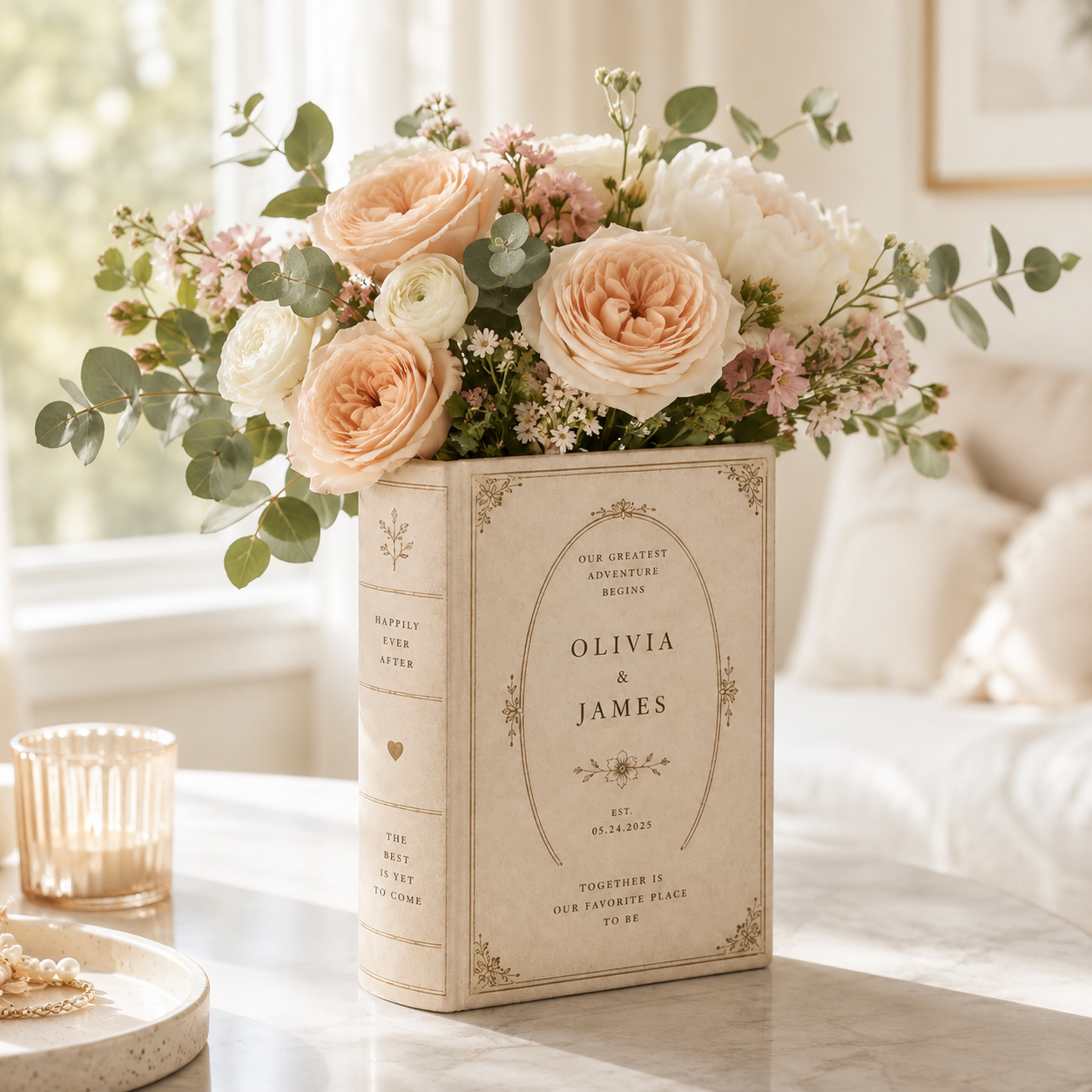 Custom Toile De Jouy Ceramic Book Vase, Personalised Wedding Gift for Couple, Bridal Shower Gift, Engagement, Wedding Gift, Bridesmaid Gifts