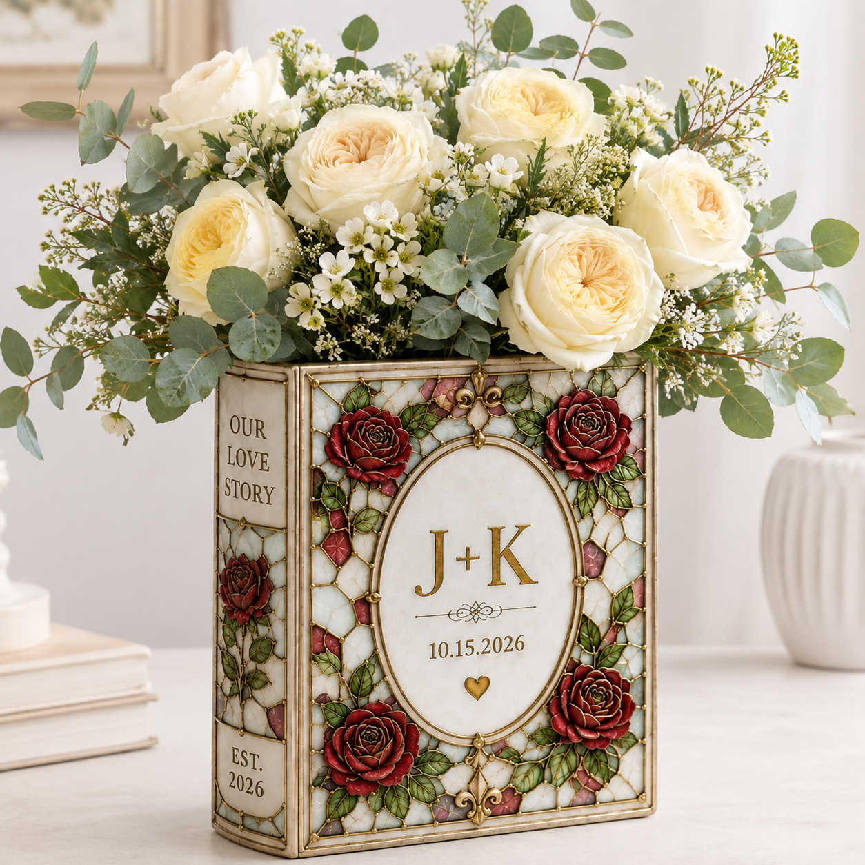 GIFT 2026 Personalized Ceramic Book Vase, Custom Rose Flower Vase, Wedding Anniversary Gift, Literary Home Decor, Couple Keepsake Decor