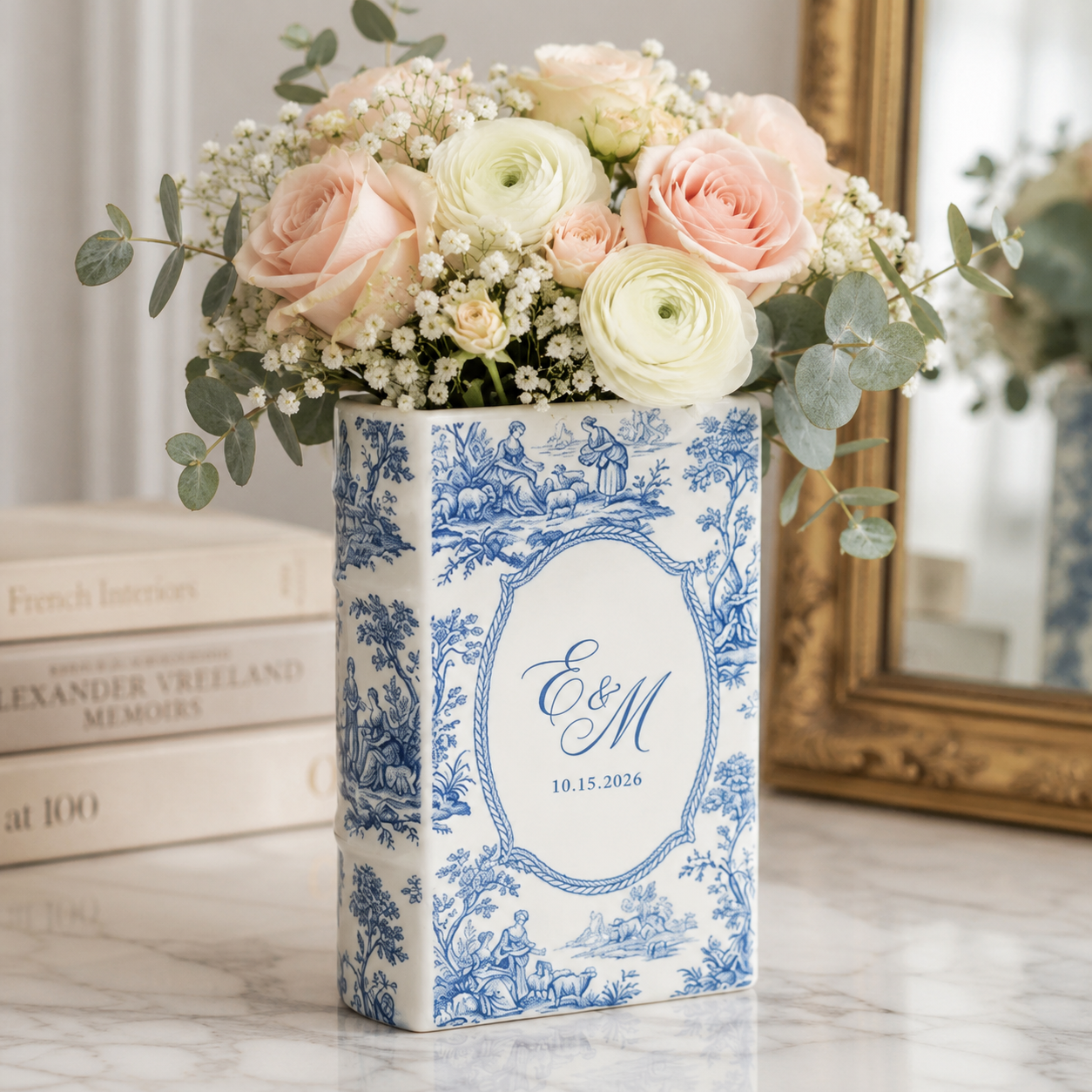 Custom Weding Ceramic Book Vase, Personalized Wedding Flower Vase, Toile de Jouy Vase, Couple Initial Vase, Bridal Shower Gift