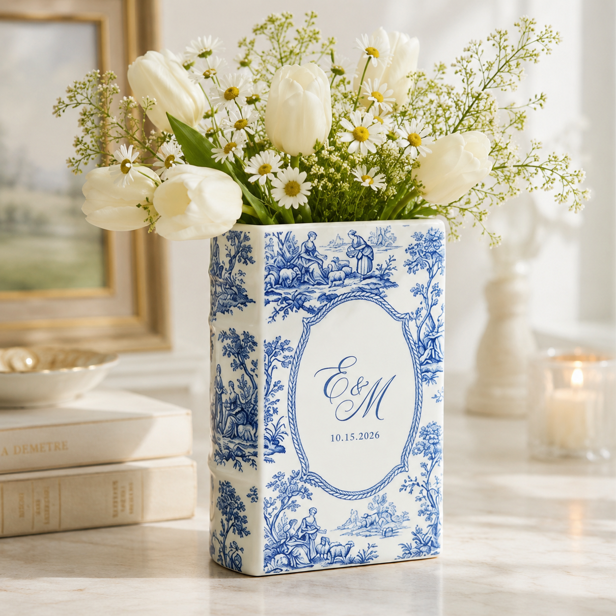 Custom Weding Ceramic Book Vase, Personalized Wedding Flower Vase, Toile de Jouy Vase, Couple Initial Vase, Bridal Shower Gift