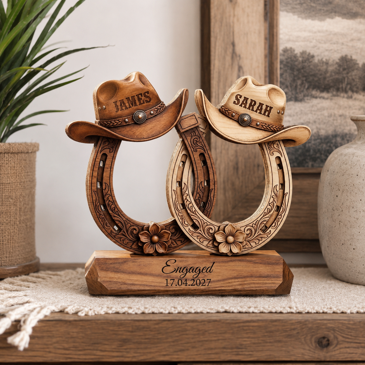 Custom Western Couple Wood Decor, Personalized Cowboy Hat Horseshoe Sign, Rustic Engagement Centerpiece, Bride And Groom Gift