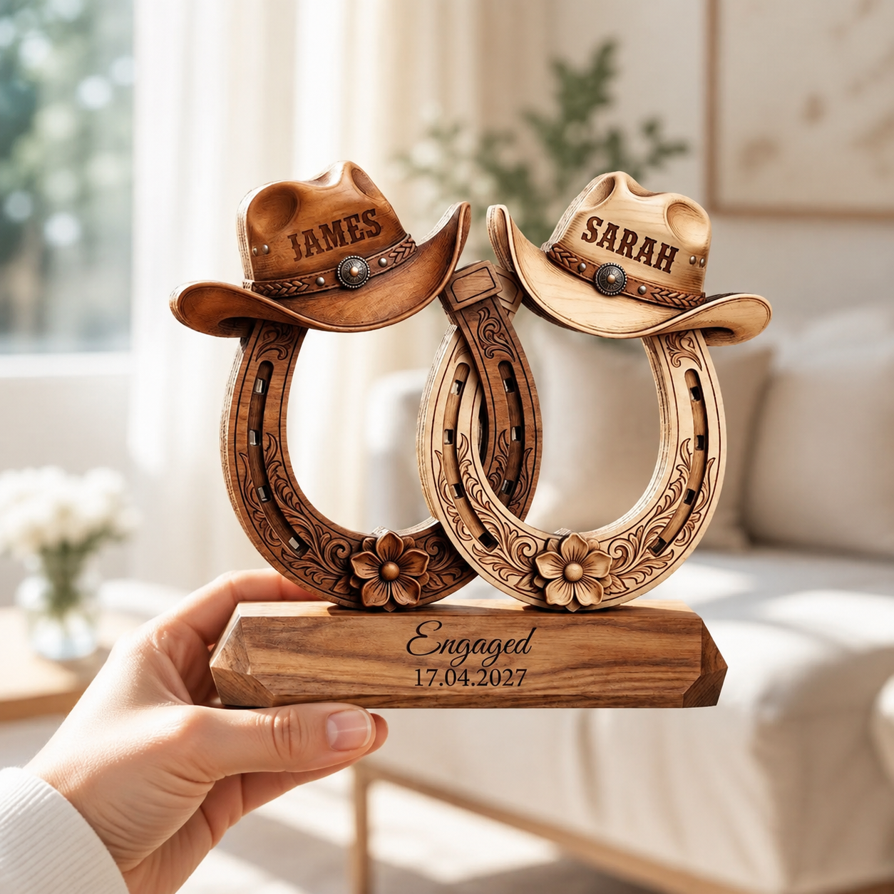 Custom Western Couple Wood Decor, Personalized Cowboy Hat Horseshoe Sign, Rustic Engagement Centerpiece, Bride And Groom Gift