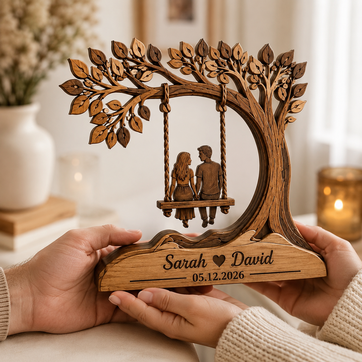 Personalized Couple Tree Wooden Block, Custom Anniversary Gift for Couples, Romantic Wooden Plaque, Wedding Gift, Home Decor
