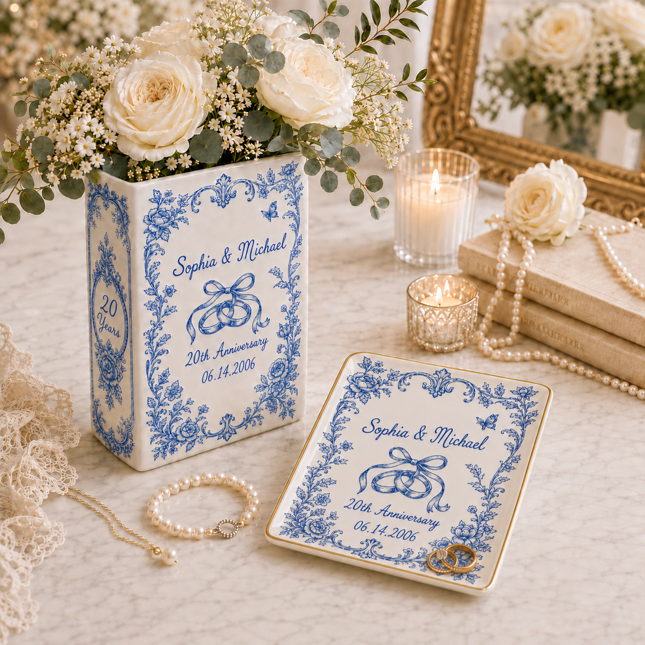 Personalized Love Story Vase & Jewelry Dish, Custom Wedding Anniversary Gift, Romantic Couple Keepsake Set