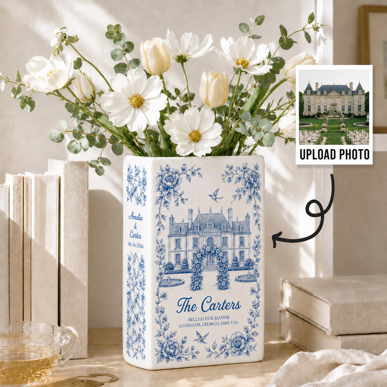Personalized Wedding Venue Photo Toile Illustrated Venue Decor, Custom Ceramic Book Vase,Wedding Gift For Couple,Custom Keepsake Flower Vase