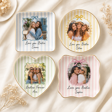 Personalized Bestie Photo Trinket Dish, Ceramic Trinket Tray for Best Friend, Bestie Striped Ring Dish, Birthday Gifts For Bestie