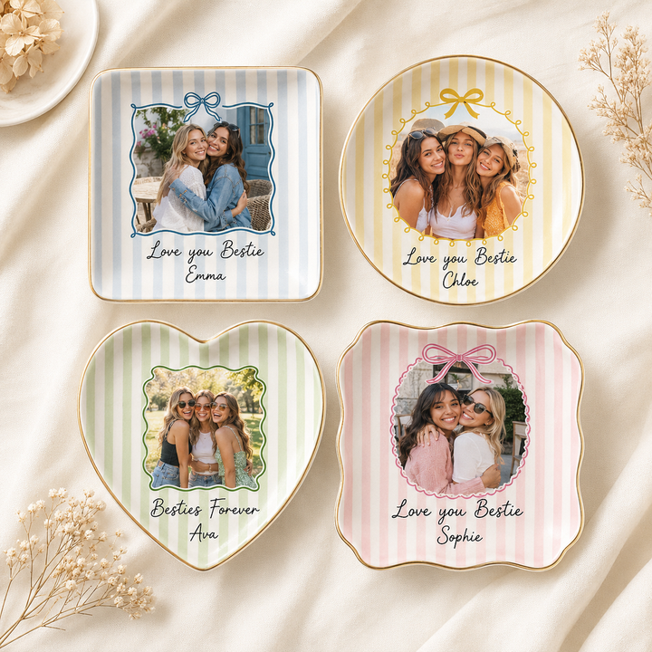 Personalized Bestie Photo Trinket Dish, Ceramic Trinket Tray for Best Friend, Bestie Striped Ring Dish, Birthday Gifts For Bestie