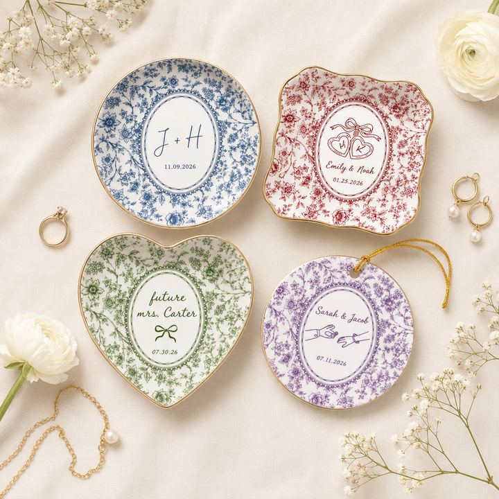 Custom Engagement Ring Dish: Ceramic Trinket Tray Gift for Couple, Wedding Jewelry Dish, Engagement Gift for Bride, Dish Toile De Jouy