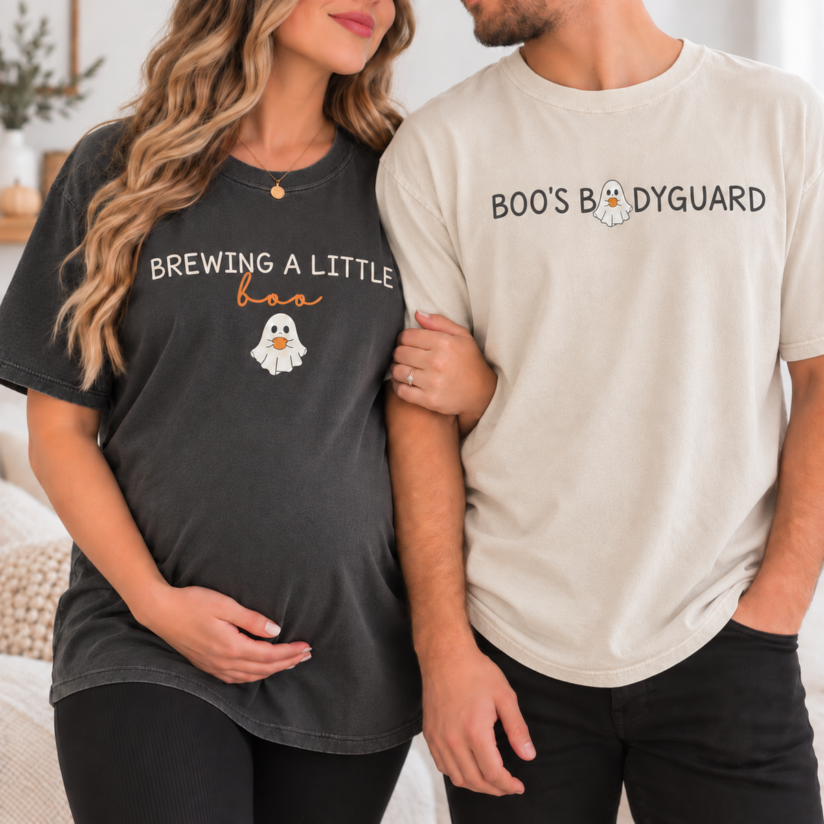 Brewing a Little Boo & Boo's Bodyguard Matching Couple Comfort Colors Tees mockup 2