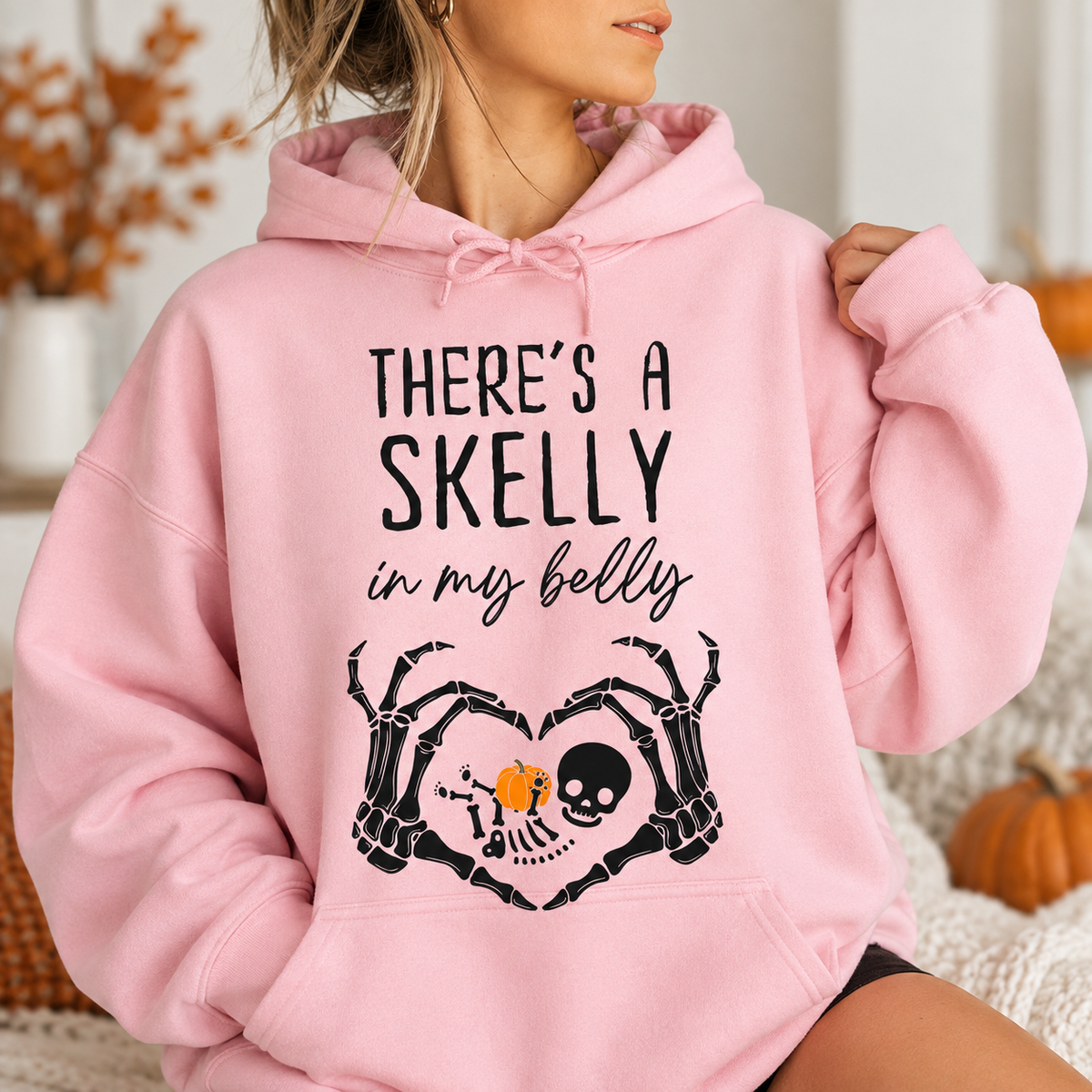 There's a Skelly in My Belly maternity sweatshirt and hoodie mockup 6