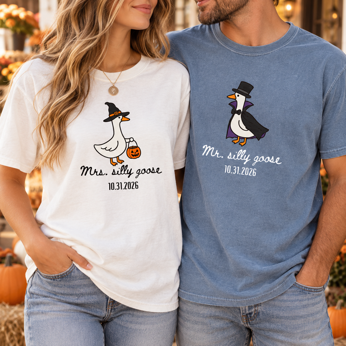 Personalized Mr. & Mrs. Silly Goose Halloween Couple Comfort Colors Tees image 2