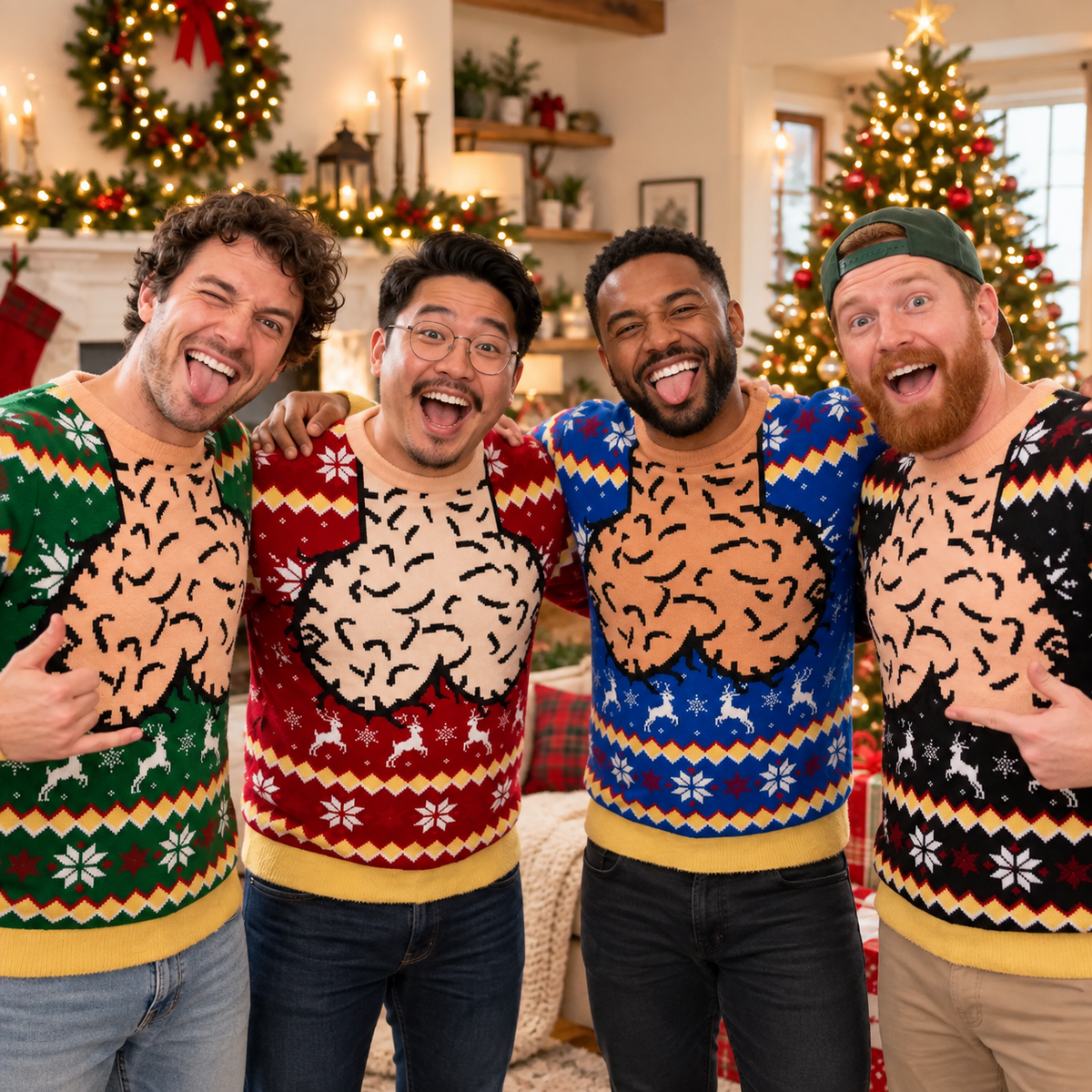 Funny Hairy Chest & Cleavage Christmas Couple Shirt, Matching 3D Ugly Sweater T-Shirt, Sweatshirt & Hoodie holiday mockup 3