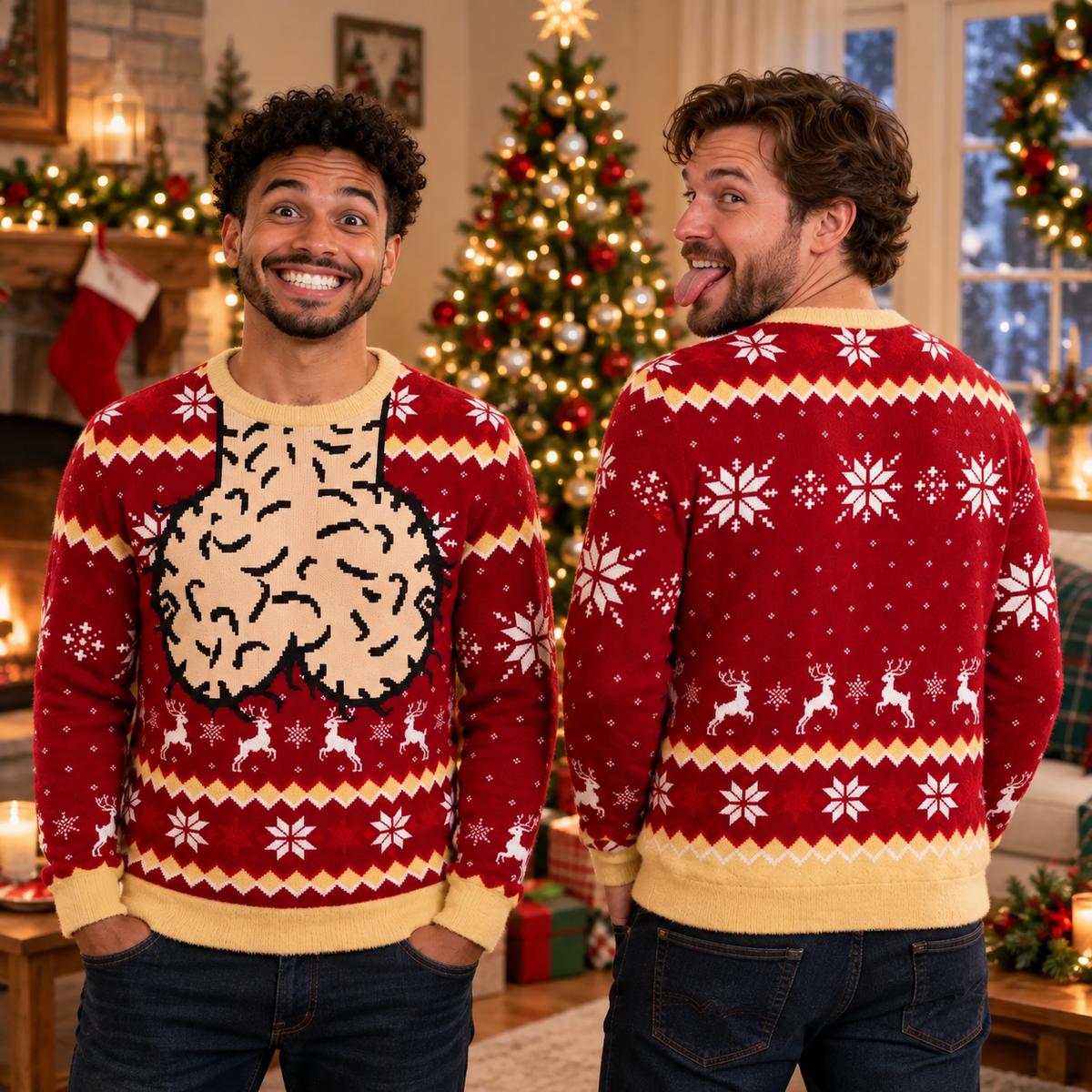 Funny Hairy Chest & Cleavage Christmas Couple Shirt, Matching 3D Ugly Sweater T-Shirt, Sweatshirt & Hoodie holiday mockup 7