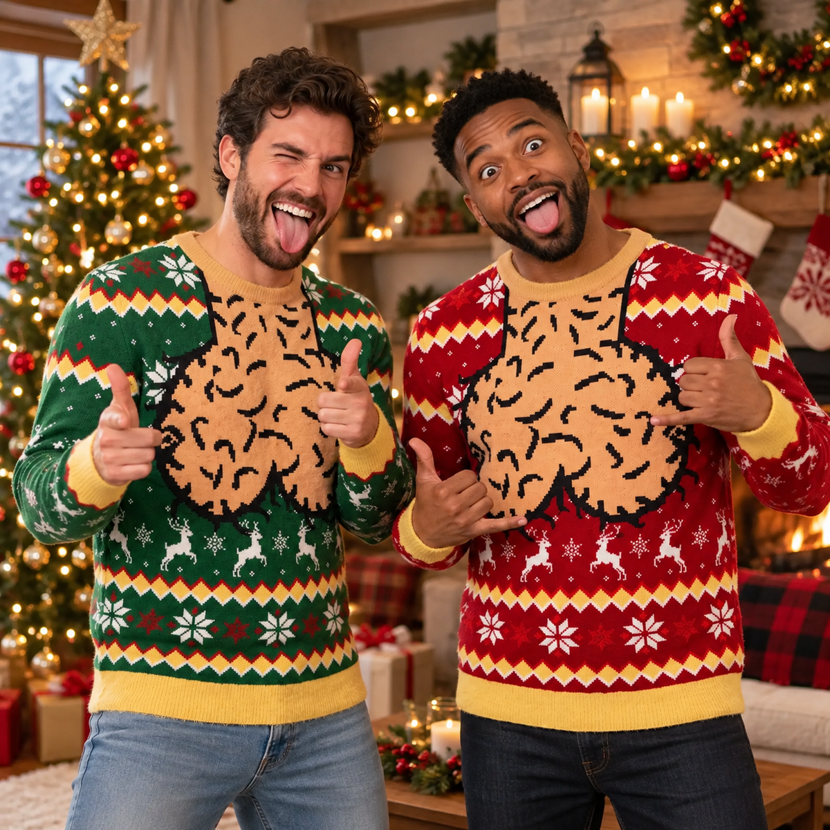 Funny Hairy Chest & Cleavage Christmas Couple Shirt, Matching 3D Ugly Sweater T-Shirt, Sweatshirt & Hoodie holiday mockup 8
