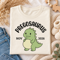 Personalized Preggosaurus Pregnancy Announcement Comfort Colors Tee mockup 2