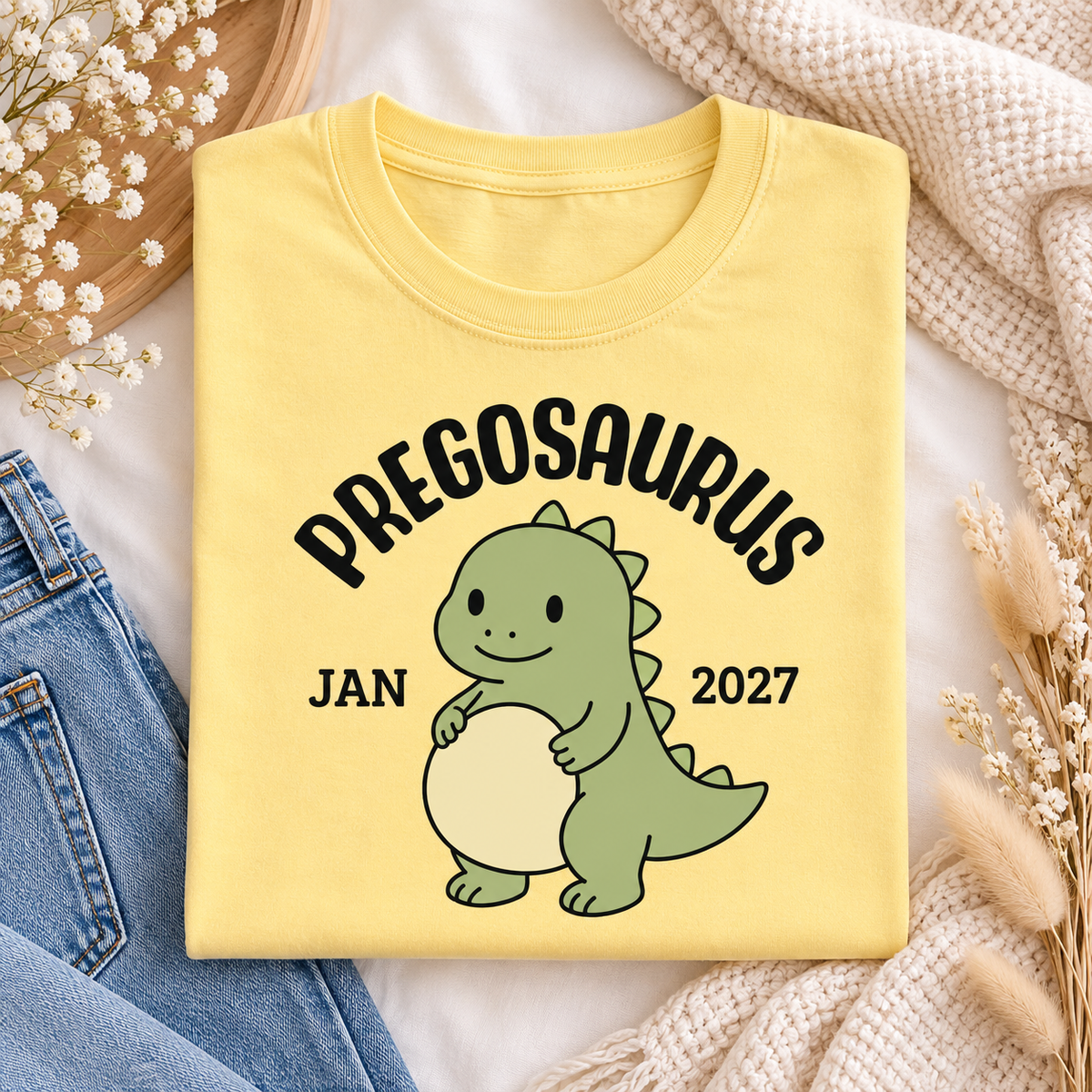 Personalized Preggosaurus Pregnancy Announcement Comfort Colors Tee mockup 4