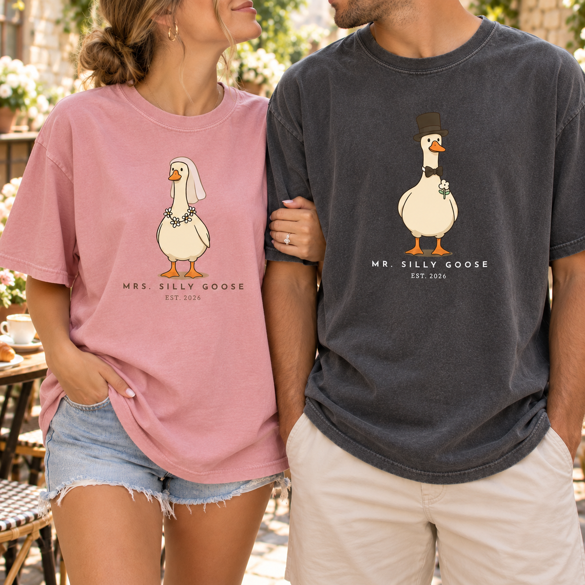 Mr. & Mrs. Silly Goose Wedding Couple Comfort Colors Tee mockup 3