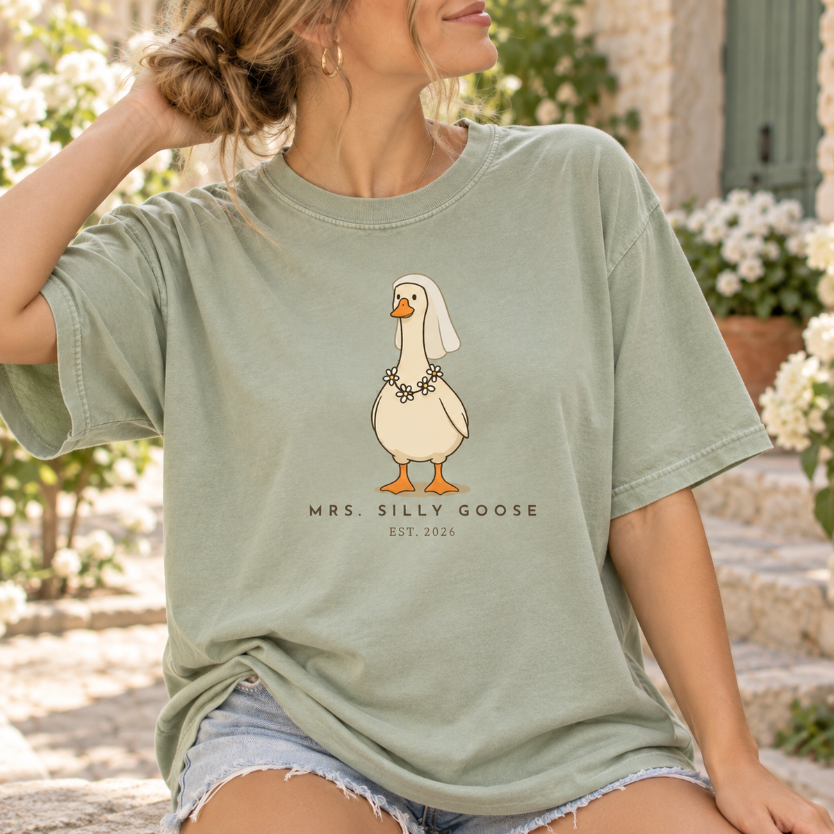 Mr. & Mrs. Silly Goose Wedding Couple Comfort Colors Tee mockup 6