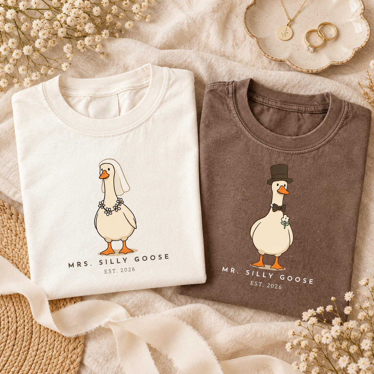 Mr. & Mrs. Silly Goose Wedding Couple Comfort Colors Tee mockup 8