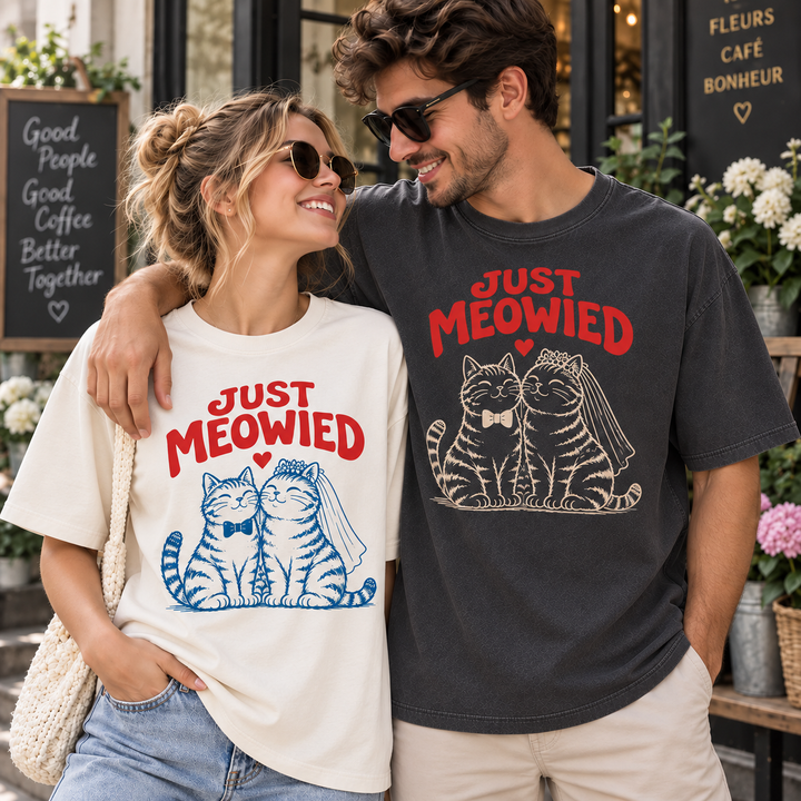 Just Meowied Comfort Colors T-Shirt, Cat Wedding Shirt, Wedding Gift for Cat Loving Couples, Newlywed Shirt, Bride & Groom Cat Tee, Anniversary Gift