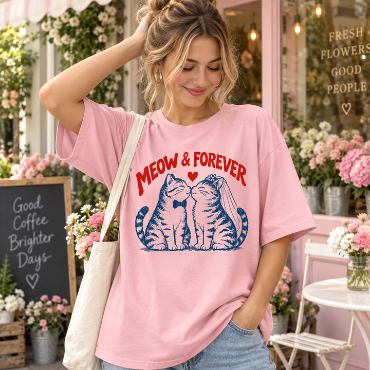 Meow & Forever Comfort Colors T-Shirt, Cat Wedding Shirt, Wedding Gift for Cat Loving Couples, Bride & Groom Cat Tee, Newlywed Gift, Anniversary Gift