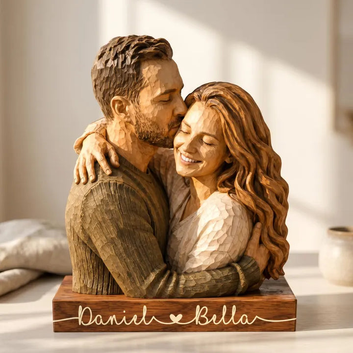 Personalized Couple Wooden Sculpture, Custom Hugging Couple Figurine with Names, Romantic Anniversary Wedding Gift for Wife Husband, Wooden Block