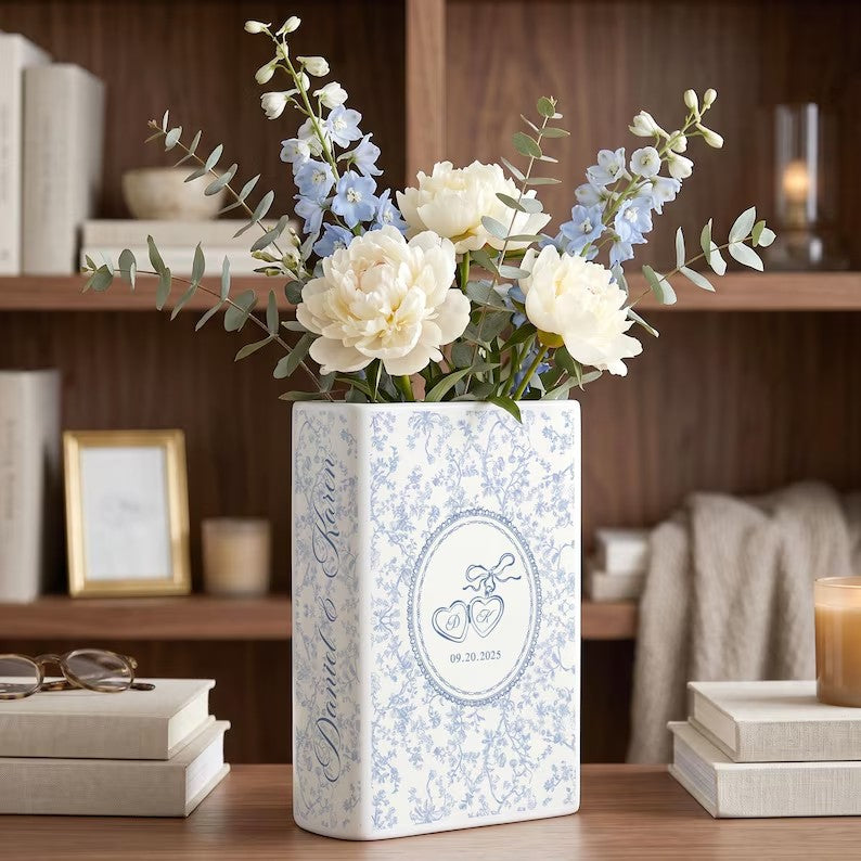 Custom Toile Couple Ceramic Book Vase, Wedding Gift, Bridal Shower Gift, Anniversary Gift, Bridesmaid Gift, Engagement Gift, Gift for Couple