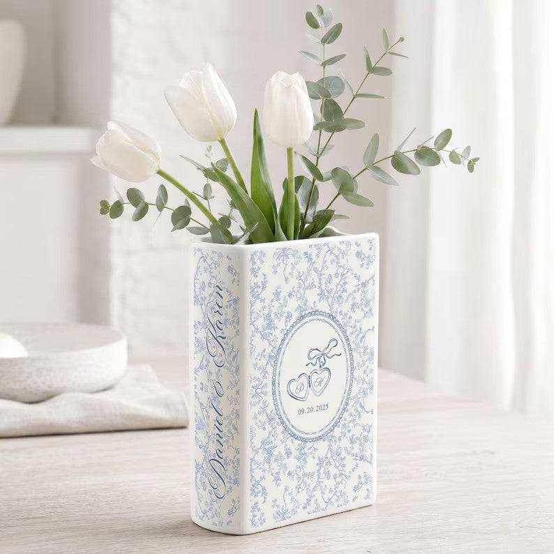 Custom Toile Couple Ceramic Book Vase, Wedding Gift, Bridal Shower Gift, Anniversary Gift, Bridesmaid Gift, Engagement Gift, Gift for Couple